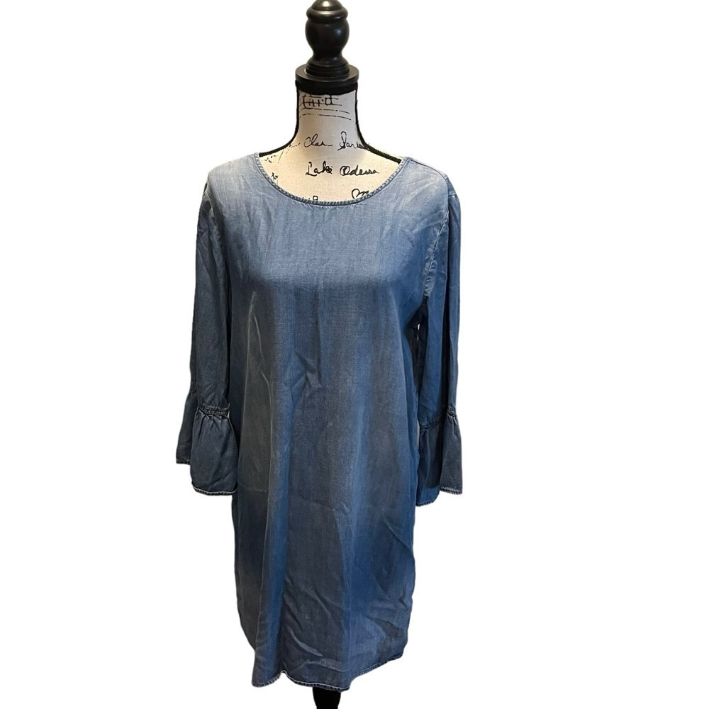 Anthropologie Cloth & Stone Denim Chambray Dress Blue Size Medium Bell Sleeves